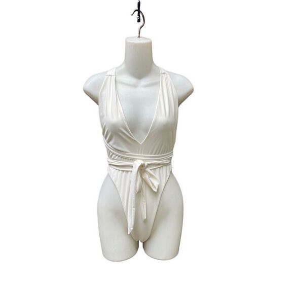 NUDE SWIM DEEP PLUNGE SELF TIE ONE PIECE IVORY CREAM SWIMSUIT NWOT LARGE - Picture 2 of 15